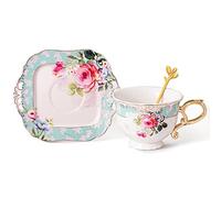 fanquare Taza y Plato de Té Flores, Juego de Taza de Té y Café Vintage, Taza de Café de Cerámica para el Té del Desayuno por la Tarde, Verde