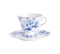 fanquare Vintage Juego de Taza de Té y Platillo de Porcelana Fina 170ml,Taza de Café y té con Patrón Floral Azul y Blanca Borde Dorado para Té de la Tarde Desayuno Regalo
