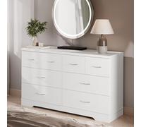 FansaFurn - Cajonera de 8 cajones con gran asa de metal - Organizador de cajones de madera moderno para dormitorio, salón, pasillo, armario, 140 cm de ancho, color blanco