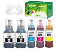 FANSHENG 102 Tinta Compatible con Epson 102 Botellas de Recarga de Tinta para Ecotank ET-2700 ET-2750 ET-2751 ET-2756 ET-2850 ET-2856 ET-3700 ET-3750 ET-4750 ET-4850 ET-4856 ET-15000 (5P 2Bk/C/M/Y)