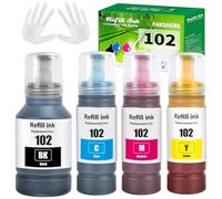 FANSHENG 102 Tinta Compatible con Epson 102 Botellas de Recarga de Tinta para Ecotank ET-2700 ET-2750 ET-2751 ET-2756 ET-2850 ET-2856 ET-3700 ET-3750 ET-4750 ET-4850 ET-4856 ET-15000 (4P BK/C/M/Y)