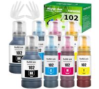FANSHENG 102 Tinta Compatible con Epson 102 Botellas de recarga de tinta para Ecotank ET-2700 ET-2750 ET-2751 ET-2756 ET-2850 ET-2856 ET-3700 ET-3750 ET-4750 ET-4850 ET-4856 ET-15000 (8P 2Bk/2C/2M/2Y)