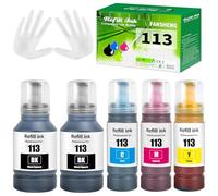 FANSHENG 113 Tinta Compatible con Epson 113 Botellas de Recarga de Tinta para Ecotank ET-16150 ET-16600 ET-16650 ET-15000 ET-5100 ET-5150 ET-5160 ET-5170 ET-5800 ET-5850 ET-5880 (5P 2Bk/C/M/Y)