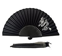 FANSOF.FANS Abanico de mano plegable de tela de seda negra con una bolsa de varillas de bambú chino vintage de mano para niñas y mujeres, regalo de boda (arte de dragón)