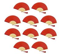 FANSOF.FANS - Paquete de 10 abanicos de tela con borla de bambú de grado A, para fiestas y bodas (color rojo)