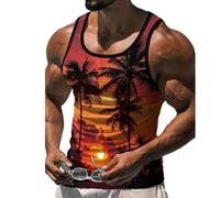 Fansu Camiseta Tirantes Hombre Verano, Impresiones 3D Árbol de Coco Camiseta Sin Mangas Casual Talla Grande Ligera y Transpirable para Deporte Gym Running (Sol poniente,XXL)