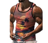 Fansu Camiseta Tirantes Hombre Verano, Impresiones 3D Árbol de Coco Camiseta Sin Mangas Casual Talla Grande Ligera y Transpirable para Deporte Gym Running (Puesta de Sol,XXL)