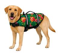 FANSU Chaleco Salvavidas para Perros con Asa de Rescate, Chaleco de Flotación Reflectante para Piscina y Playa, Ajustable para Perros Pequeños, Medianos y Grandes (M,Flores Rojas)