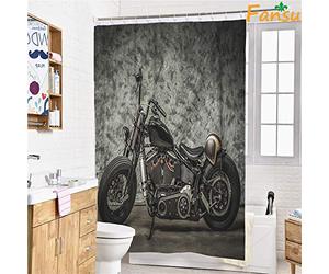 Fansu Cortinas de Ducha de Antimoho Impermeable Antibacteriano Lavable, 3D Impresión Cortina de Baño Cortina de Bañera de 100% Poliéster con 12 Anillos (Motocicleta,180x200cm)