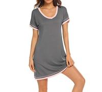 Fansu Elegante Cuello en V Vestidos de Casa, Camisón Mujer Verano Pijama Camisón de Noche Verano Camisones de Manga Corta Talla Grande Ropa de Noche Sexy Pijama Vestido (L,Gris)