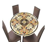 Fansu Impermeable Redondo Mantel con Borde Elástico, 3D Mandala Impresión Mantel de Mesa Elástica Ajustada Cubierta de Mesa para Picnic Comedor Cocina Restaurante Cena (Beige,Diámetro 120cm)