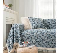 Fansu Jacquard Funda de sofá Toalla, Moderno Hoja Planta Nórdica Borla Manta Sofa Plaid para Cama Funda Protectora de Sofás Toalla Cubre Sofà Cubierta de Sofá Hogar (Azul,4 plazas(180x380cm)
