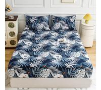 FANSU Microfibra Sabana Bajera, Elástica Sabana Bajera con 2 Fundas de Almohada, Hojas y Flores Vintage Juego de Sabanas para Camas Individuales y Dobles (Azul-Blanco,90x200cm)