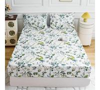 FANSU Microfibra Sabana Bajera, Elástica Sabana Bajera con 2 Fundas de Almohada, Hojas y Flores Vintage Juego de Sabanas para Camas Individuales y Dobles (Azul-Verde,150x200cm)