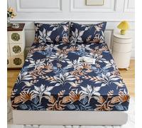 FANSU Microfibra Sabana Bajera, Elástica Sabana Bajera con 2 Fundas de Almohada, Hojas y Flores Vintage Juego de Sabanas para Camas Individuales y Dobles (Azul-Marrón,150x200cm)