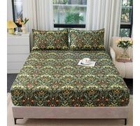 FANSU Microfibra Sabana Bajera, Elástica Sabana Bajera con 2 Fundas de Almohada, Hojas y Flores Vintage Juego de Sabanas para Camas Individuales y Dobles (Verde-Amarillo-Rojo,180x200cm)