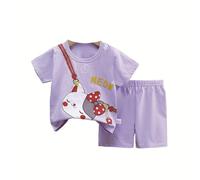 Fansu Pijamas Enteros de Manga Corta para Niñas, Pijamas Dos Piezas Bebé Niña Verano Algodón Juego de Pijama Camisetas y Pantalones con Estampado de Dibujos Animados (Gato Morado,92)