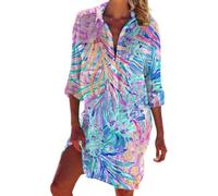 Fansu Robe Chemise de Plage Femme Ete Mi Longue, Cache-Maillot de Bain pour Femme Robe Chemise Grande Taille à Boutons pour Vêtement de Plage Été, Piscine (Dibujo Azul,7XL)