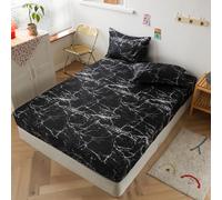 Fansu Sabana Bajera Microfibra, Impresión Geométrico Sabana Bajera Ajustable Transpirable, Individual & Doble Cama Juego de Sabanas con 2 Funda Almohada (Mármol Negro,180x200cm)