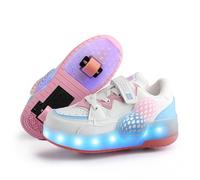 Fansu Zapatillas con 2 Ruedas Niña, Zapatos Patines con Ruedas Luces LED Coloridos Parpadeante 2 en 1, Niño Carga con USB Calzado de Skateboarding al Aire Libre 31-40 EU (Estrellas Blancas,33)