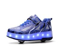 Fansu Zapatillas con 2 Ruedas Niña, Zapatos Patines con Ruedas Luces LED Coloridos Parpadeante 2 en 1, Niño Carga con USB Calzado de Skateboarding al Aire Libre 29-40 EU (Azul Juvenil,30)