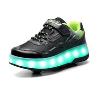 Fansu Zapatos de Patinaje con Ruedas para Niños y Niñas con Luz LED Ajustable, 2 en 1 Zapatillas con Ruedas y Luces para Niñas Niños USB Calzado Zapatillas Deportivas (Q7 Negro Verde,33)