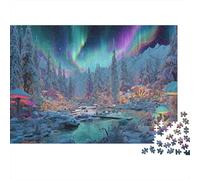 Fantasía Bosque Aurora Rompecabezas Grueso 1000 Piezas Adultos Aurora Bosque Arroyo Setas Premium Resistente Vibrante Desafiante Difícil Alivio Estrés 52x38cm/1000pcs