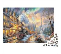 Fantasía de Tren Rompecabezas clásico de cartón Tren Junto a Torre Eiffel por la Noche, Regalo Coleccionable de Amigo Invisible 70x50cm/1000 Piezas