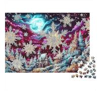 Fantasía Invernal Puzzle Color Vibrante 1000 Piezas Adultos Copos Nieve Luna Bosque Invierno Cabaña Premium Grueso Desafiante Duro Alivio Estrés 38x26cm