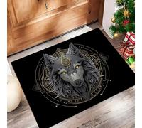 Fantasía Misteriosa Felpudo Antideslizante - Cabeza Lobo Geométrica Trampa de Tierra Felpudo Exterior e Interior para una Entrada Limpia - Fácil de Cuidar - Negro