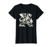 Fantasía Oscuro Dragón Silueta Castillo Llama Medieval G Camiseta gráfica económica