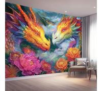 Fantasía Papel Pintado Salon 200 x 140 cm, Coloridos dragones dobles peonía Fotomurales Tejido No Tejido Papel Tapiz Fotográfico Decorativos Murales Dormitorio Oficina