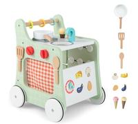 FANTASK Andador 6 en 1 de madera, andador con cocina, reloj de aprendizaje, ajuste de forma y deslizador móvil, cocina infantil con ruedas para niños a partir de 1 año (verde)