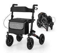 FANTASK Andador de viaje 2 en 1 para silla de ruedas y de viaje, color negro con sistema de ajuste de altura, andador de aluminio con diseño plegable, silla de ruedas con bolsa y soporte para bastones