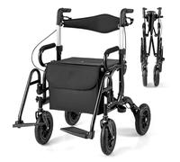 FANTASK Andador de viaje 2 en 1 para silla de ruedas y de viaje, de aluminio con diseño plegable, color negro con sistema de ajuste de altura, silla de ruedas con bolsa y soporte para bastones