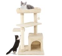 FANTASK Árbol de Gato Multiusos para Gatos de 4 Pisos, trepador de Muebles para Gatos, Color Beige con Cueva para Gatos, Asiento Suave y Pelota, árbol de Madera con 3 Postes de sisal, 85 cm
