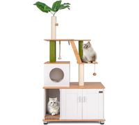 FANTASK Árbol rascador de 175 cm con Armario para Gatos, con Tabla para rascar, Entrada, Pelota de Juego, Escalera y Planta Artificial, Gran con Cueva, Muebles para Gatos, Color Natural y Verde