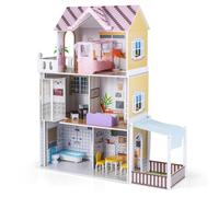 FANTASK Casa de muñecas de Madera a Partir de 3 años, 3 Pisos con balcón, terraza y 16 Muebles, Gran Villa de ensueño para niñas y niños, 102 x 34 x 120,5 cm