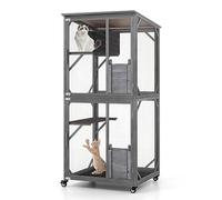 FANTASK Casa para Gatos de Madera con Techo de Asfalto y Ruedas, Resistente a la Intemperie, con Puerta de Entrada, 2 Plataformas y Cueva de Descanso, Ideal para Exteriores en Invierno, 182 cm, Color