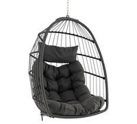 FANTASK Cesta Colgante Plegable de ratán de Polietileno con cojín Suave, Asiento Colgante con Accesorios para Colgar y Columpio, sillón Colgante para Interior y Exterior (Gris)