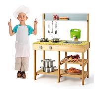 FANTASK Cocina de Barro para Niños al Aire Libre, Cocina de Juguete con Gancho y Estante extraíble, Cocina Infantil de Madera con función de Agua, Regalo para Niños a Partir de 3 años