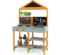 FANTASK Cocina de Barro para niños al Aire Libre, Cocina Infantil de Abeto con macetero, 2 pizarras de Tiza, Grifo y Lavabo (Verde)