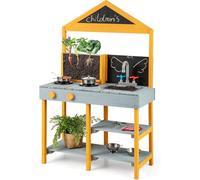 FANTASK Cocina de Barro para niños al Aire Libre, Cocina Infantil de Abeto con macetero, 2 pizarras de Tiza, Grifo y Lavabo (Azul)
