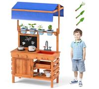 FANTASK Cocina de Barro para niños al Aire Libre, Cocina Infantil de Madera con toldo y Pizarra, Vasos y Palas