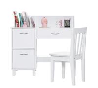 FANTASK Escritorio Infantil de Madera para Estudiantes con Silla, Mesa de Aprendizaje Infantil Multifuncional con Estante, Estante Abierto y Armario de Almacenamiento, Escritorio para niños para