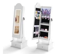 FANTASK Espejo infantil 2 en 1 con iluminación, espejo de pie independiente con espejo de cuerpo entero de 3 colores, 4 luces LED y cajón, armario de joyas para niños inclinable para habitación