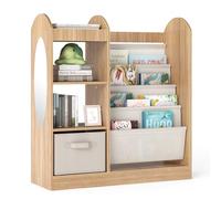 FANTASK Estantería Infantil con Espejo, estantería de 4 Niveles con cajón de Tela y 3 Ganchos, estantería Multifuncional para habitación Infantil, Sala de Juegos, 87,5 x 30 x 90 cm (Natural)