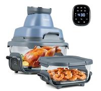 FANTASK Freidora de aire caliente portátil 6 en 1, freidora de aire caliente de 1500 W, con 2 recipientes de cristal extraíbles y tapa, airfryer para camping, casa (azul)
