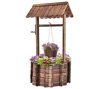 FANTASK Fuente de Madera para los Deseos con Techo y Cubo Colgante, Maceta Decorativa de Pino Natural, decoración de jardín, 56 x 56 x 114 cm