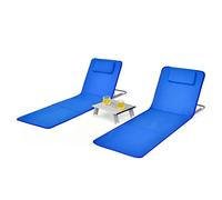 FANTASK Juego de 2 esterillas de Playa con Mesa Auxiliar, Almohada y Compartimento de Almacenamiento, colchoneta con Respaldo Ajustable, Tumbona de Playa para la Playa (Azul)